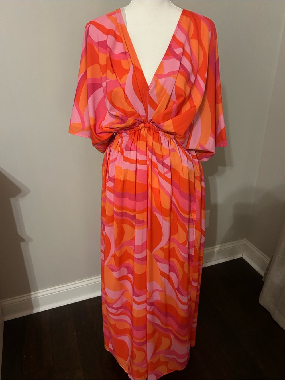 TCEC Retro Abstract Print Maxi Dress Pink Orange Kimono Sleeve Resort Vacation